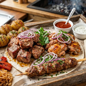 М'ясний сет М'ясна Пушка від Shashlik1.kh.ua з доставкою по Харкову: апетитний шашлик, люля-кебаб, картопля на мангалі та соуси на дерев'яній таці.