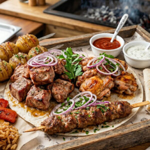 М'ясний сет М'ясна Пушка від Shashlik1.kh.ua з доставкою по Харкову: апетитний шашлик, люля-кебаб, картопля на мангалі та соуси на дерев'яній таці.